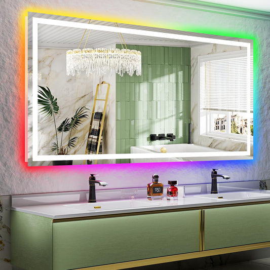 80x40 Inch RGB LED Bathroom Mirror Front Light and RGB Backlit Lighted Vanity Mirror for Bathroom Wall Mounted Dimmable Anti Fog Memory Shatter-Proof IP54 Waterproof Horizontal/Vertical