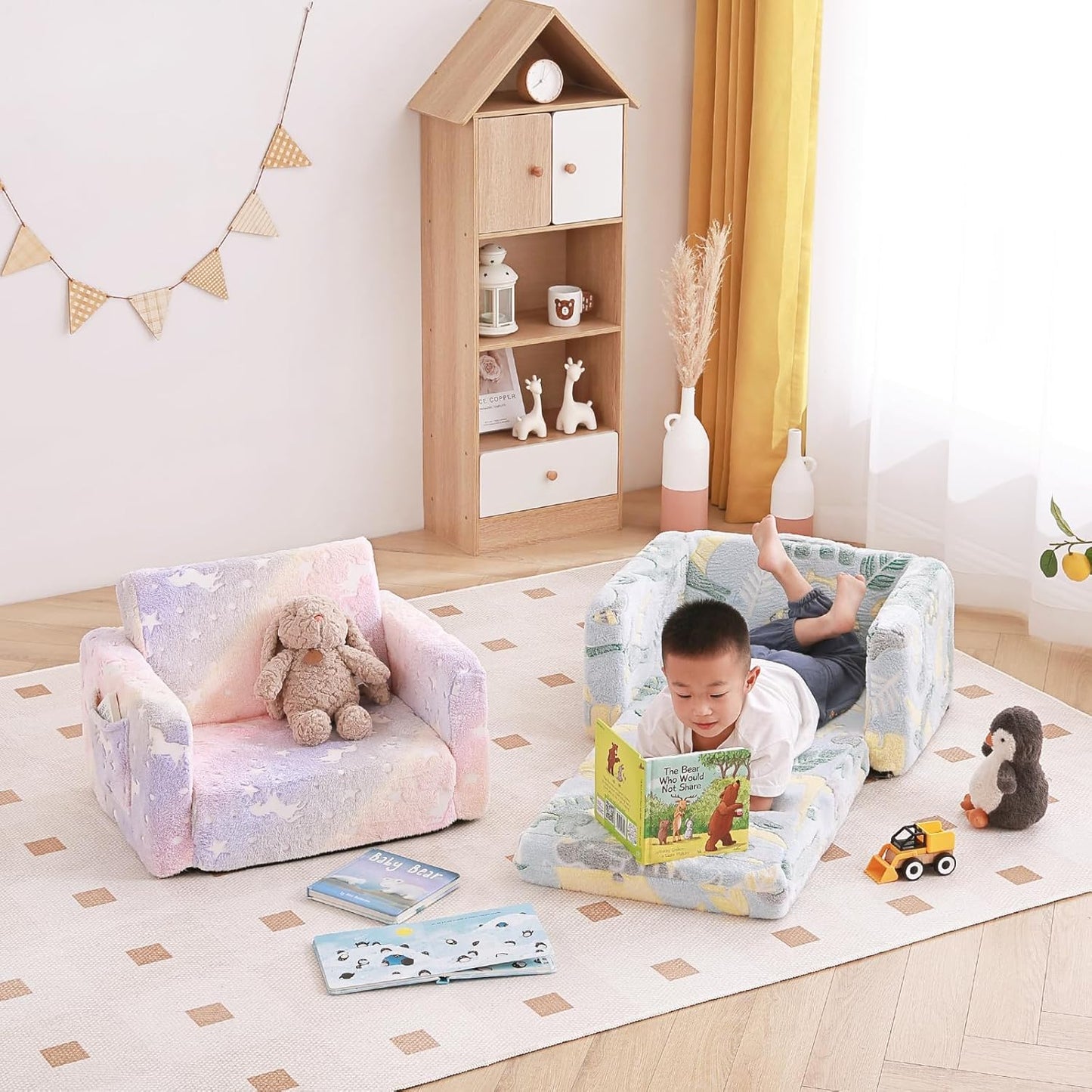 Tiita Kids Sofa, 2-in-1 Kid Sofa, Convertible Children Couch to Lounger, Flip Out Kids Chair, Glow in The Dark Toddler Armrest Chair Bed for Girl or Boy (Grey Dinosaur)