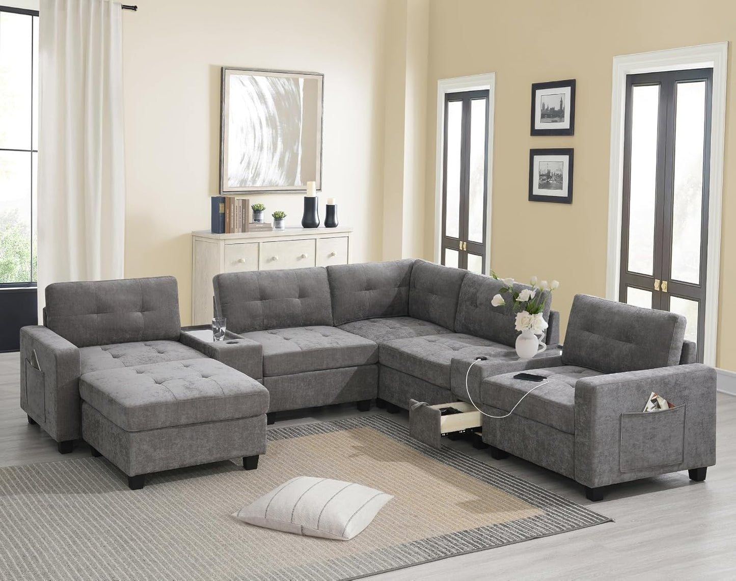 Merax 104 * 104" Chenille Sectional Couches with 2 Acrylic Consoles, Upholstered Modular Tufted Sofa Chaise with Ottoman, Storage Drawers, Pockets, USB Charger & Cup Holders for Living Room Apartment