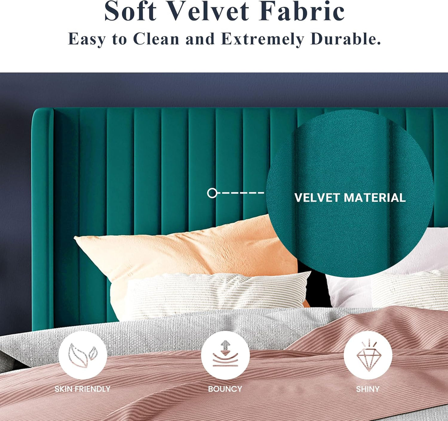 Allewie Queen Size Bed Frame/Velvet Upholstered Platform Bed/Vertical Channel Tufted Wingback Headboard/Strong Wooden Slats/No Box Spring Needed/Easy Assembly/Teal