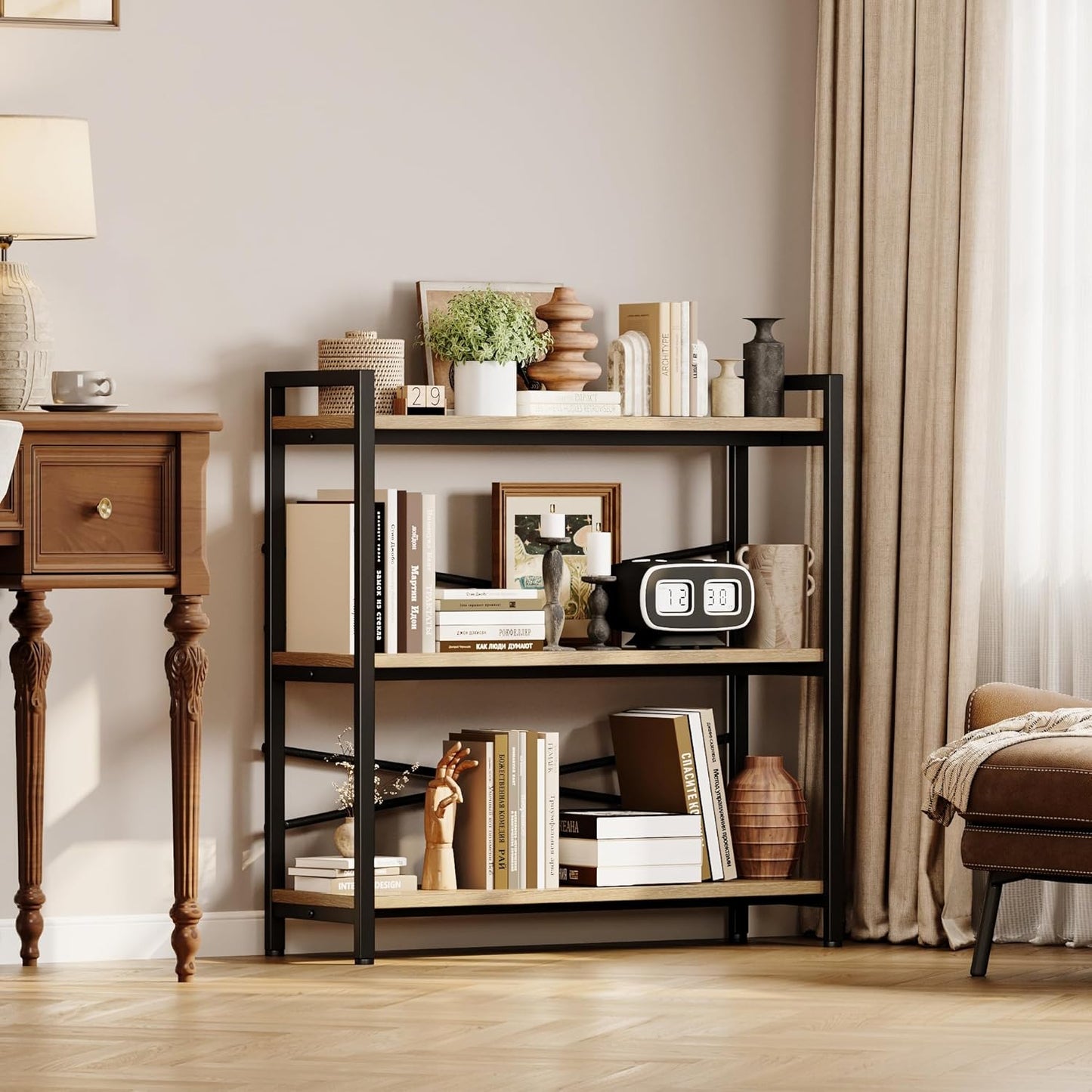 Book Shelf, 3 Tier Bookshelf 31.49" Width, Book Shelf Storage and Organization, Wooden and Metal Industrial Bookcase, Large Book Shelves for Home Living Room Bedroom Office Storage(Light Coffee)