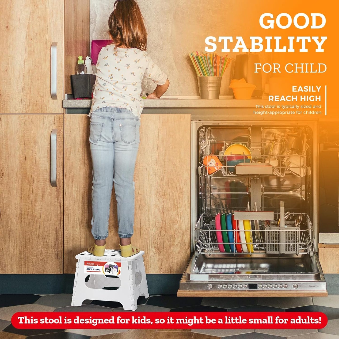 ACSTEP Folding Step Stool, 7.5 Inch Height, 300 lb Capacity, Collapsible, White, Suitable for Kitchen