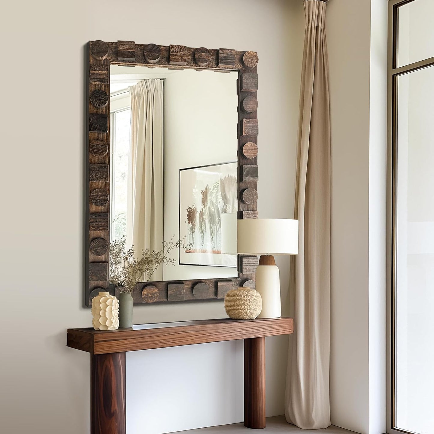 36x24 Inch Handcrafted Solid Wood Square Wall Mirror with Geometric Wood Inlay Design, Rustic Natural Texture for Bathroom, Bedroom, Living Room Decor