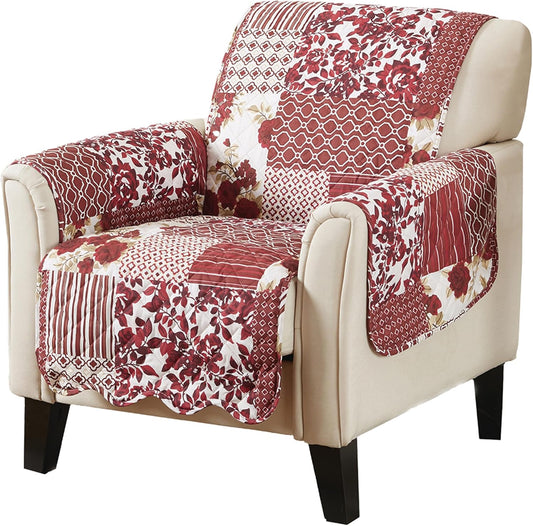 Great Bay Home Patchwork Scalloped Printed Furniture Protector Stain Resistant Chair Cover (Chair, Burgundy)