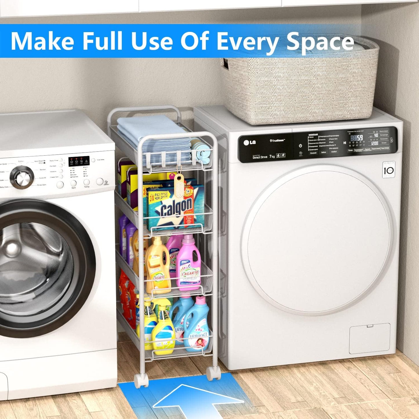 OVICAR 4 Tier Mesh Wire Rolling Cart, Kitchen Storage Organizer Utility Cart, Full Metal Basket Storage Art Trolley Carts with Wheels & 4 Side Hooks