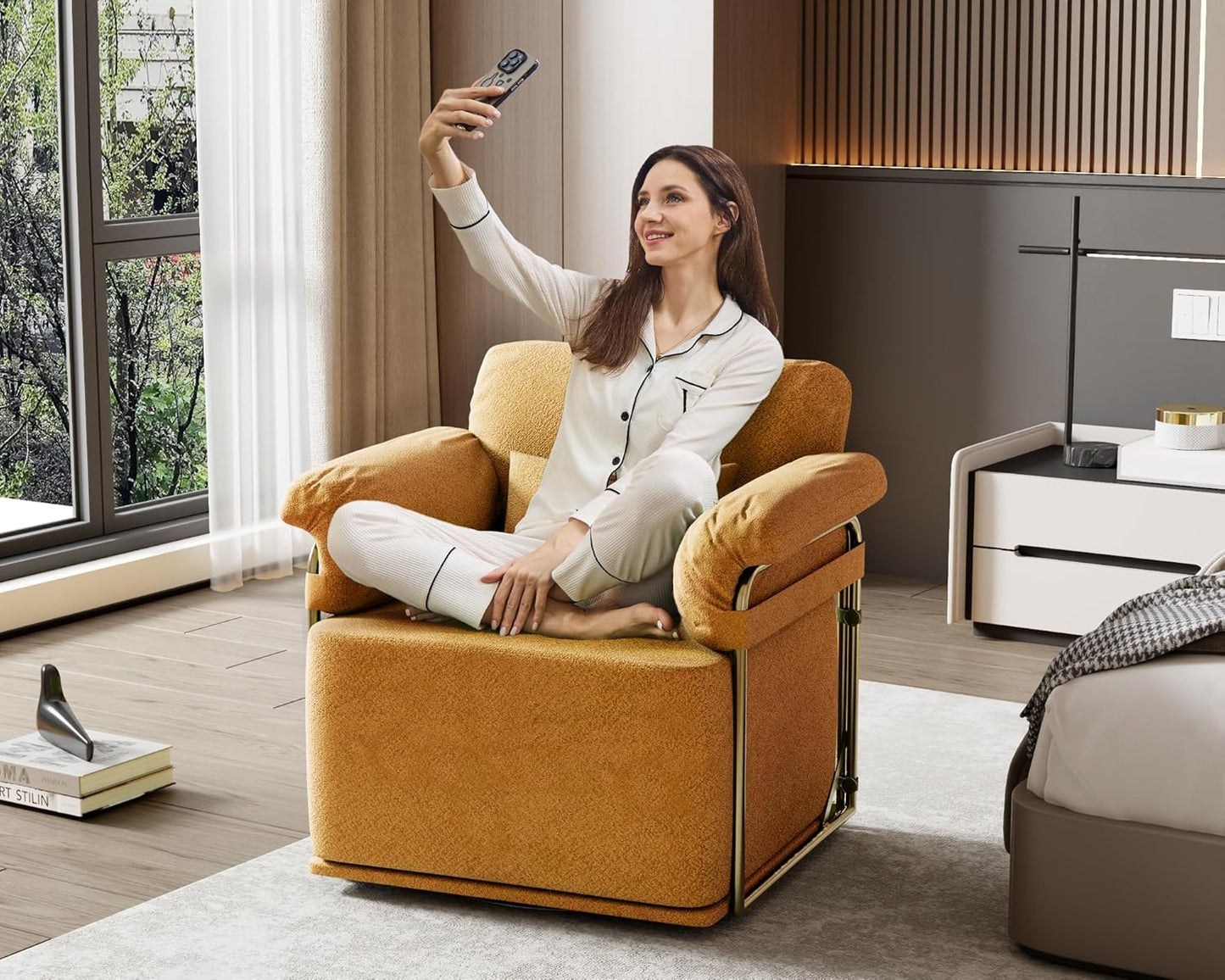 KEIKI Modern Comfy Swivel Accent Reading Chair with Waist Pillows, 360°Square Upholstered Barrel Armchair Single Club Lounge Sofa Chairs for Living Room,Bedroom,Office,Orange