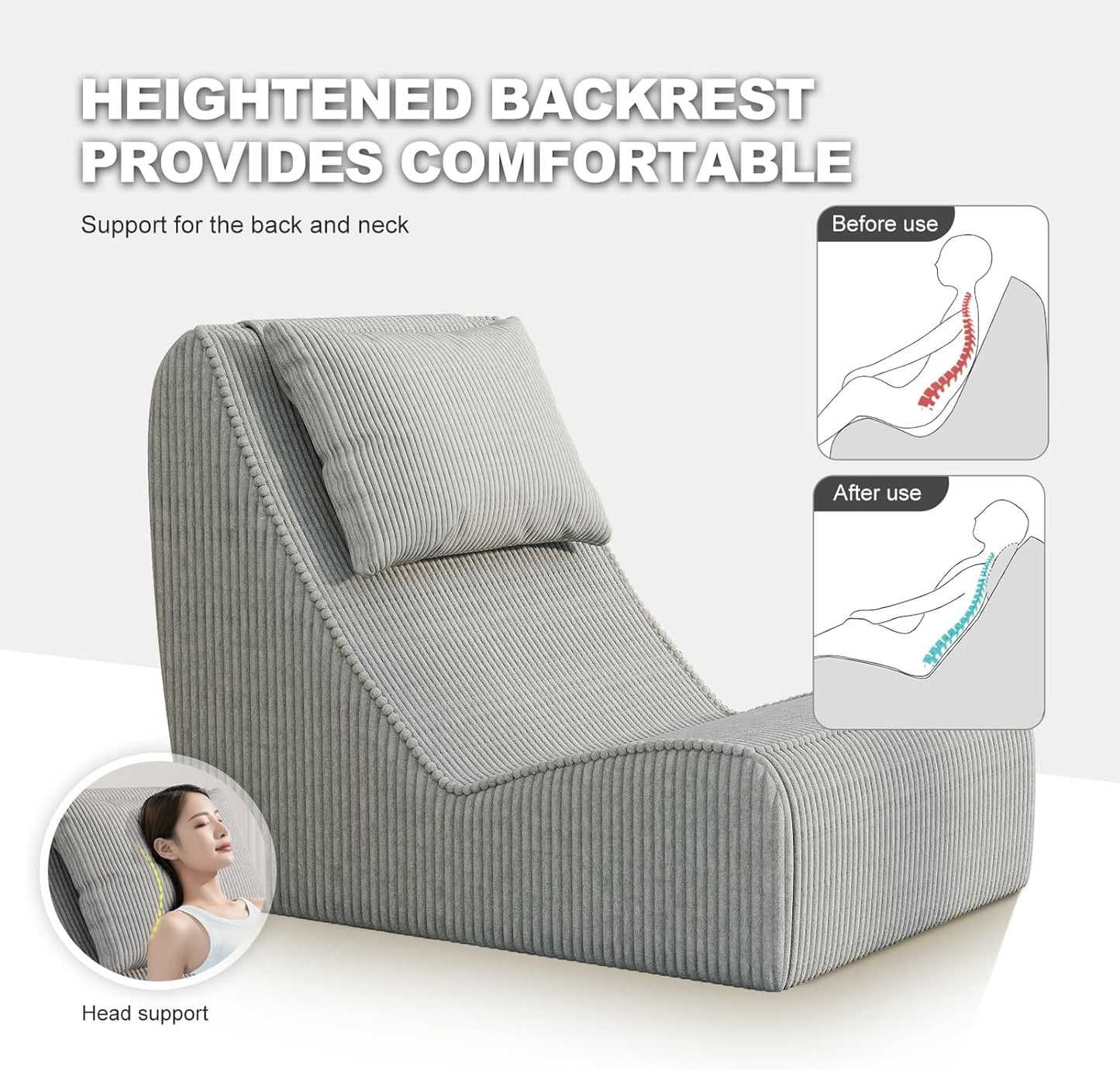 Giant Bean Bag Chair for Adults,Corduroy Chaise Lounge with Unrivaled Back Support, Detachable Neck Pillow, Comfortable Ottoman & Washable Cover for Living Room, Bedroom, Garden (Grey)