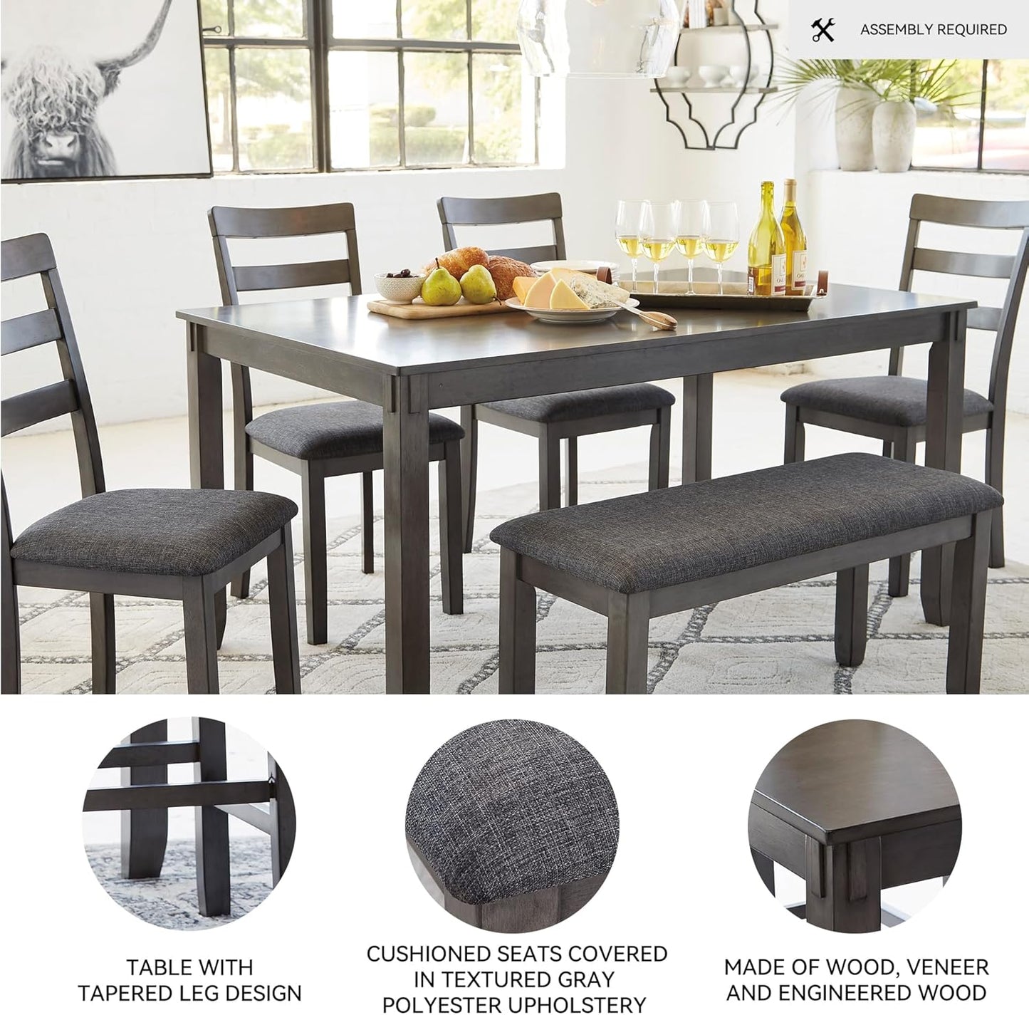 Signature Design by Ashley Bridson Modern 6 Piece Dining Set, Includes Dining Table, 4 Chairs & Bench, Gray