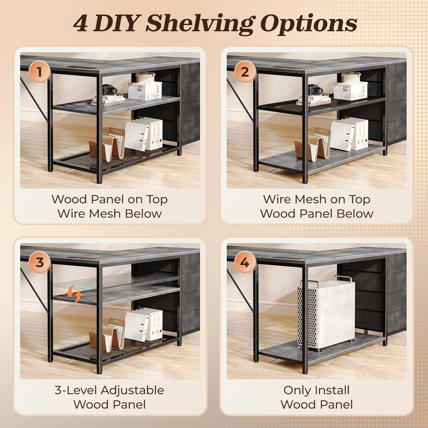 PRAISUN 61" L Shaped Desk with Power Outlets and USB-C Port, Reversible Computer Corner Office Desk with 4 Fabric Drawers and 2 Height-Adjustable Shelves, Large for Gaming Writing Work Study, Grey