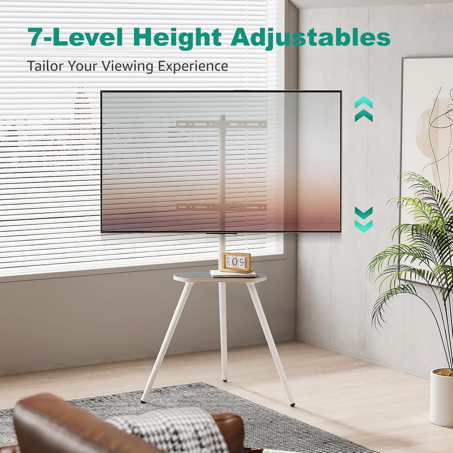 Tripod Easel TV Stand for 43 to 65 Inch LCD Led Screen, Height Adjustable and Swievel TV Stand, Portable TV Floor Stand with Wooden Tray for Bedroom, Living Room, Studio, Metal White.