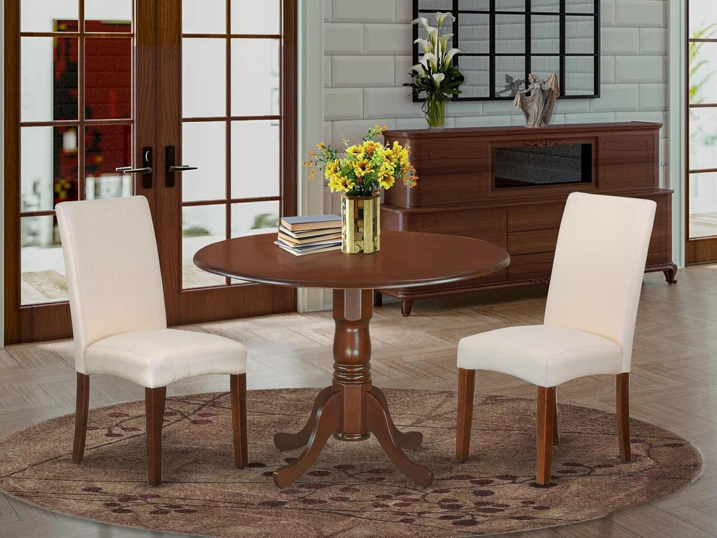 East West Furniture DLDR3-MAH-01 3 Piece Kitchen Table & Chairs Set Contains a Round Dining Room Table with Dropleaf and 2 Cream Linen Fabric Parson Dining Chairs, 42x42 Inch, Mahogany