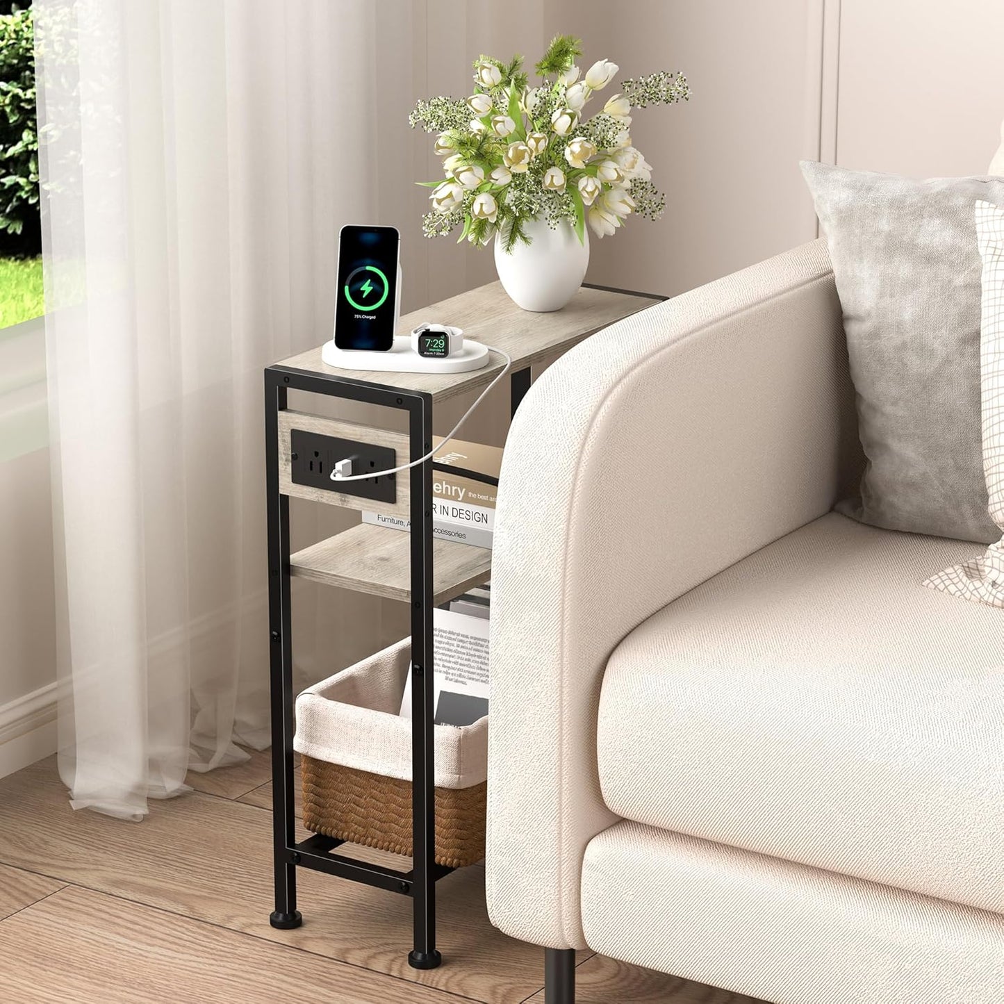 Small Narrow Side Table with Charging Station, Skinny End Table for Small Spaces, Slim Nightstand with Outlets, Sofa Bedside Table in Living Room, Bedroom, Kitchen and Balcony (Greige)