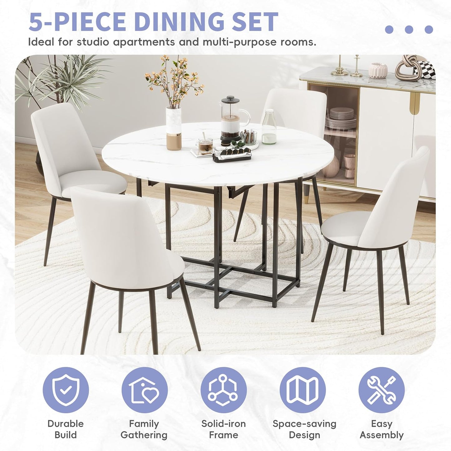 Merax 47.2” Round Dining Table Set for 4, Foldable Kitchen Dining Table with 11.8” Drop Leaves, Faux Marble Top with Golden Frame, 4 Upholstered Chairs (White+Beige)