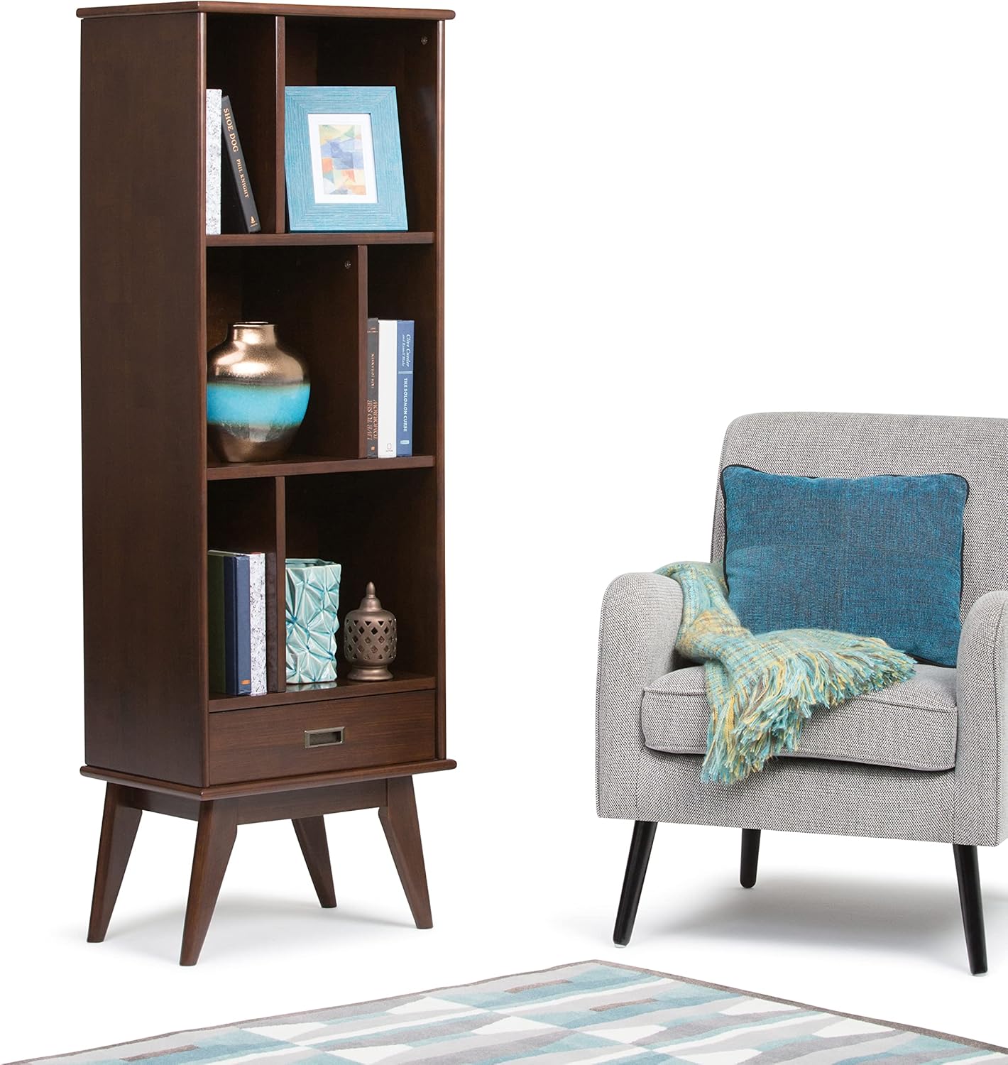 SIMPLIHOME Draper Bookcase - 64 inch Tall Solid Hardwood Storage Bookshelf in Medium Auburn Brown, Mid-Century Modern Storage for Living Room, Study or Office with Adjustable Shelves and Angled Legs
