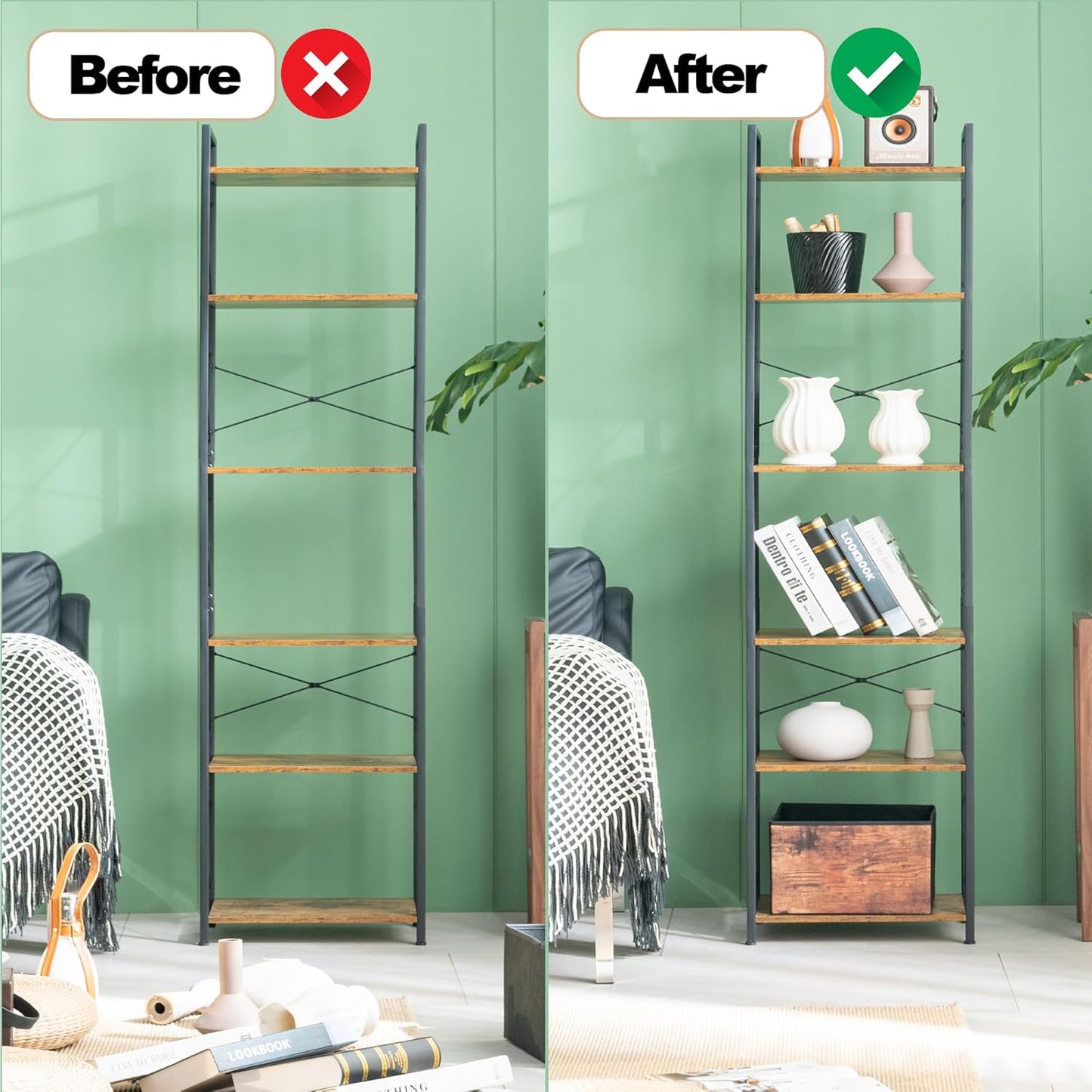 HCHQHS Narrow Bookshelf, Adjustable 6-Tier Industrial Bookcase, Rustic Open Book Shelf, Freestanding Tall Bookshelves with Metal Frame