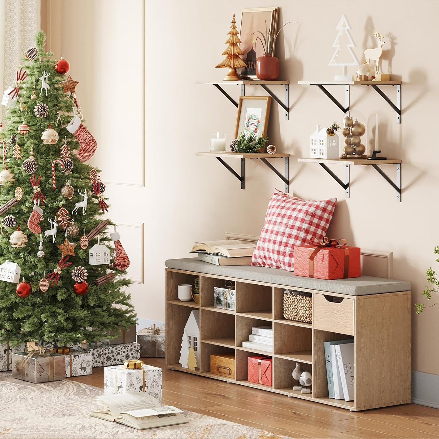 DINZI LVJ Shoe Bench, Entryway Storage Bench with Drawer and 14 Cubbies, Long Cubby Shoe Rack with Adjustable Shelves, Shoe Organizer for Living Room, Bedroom, Mudroom, Garage,Natural