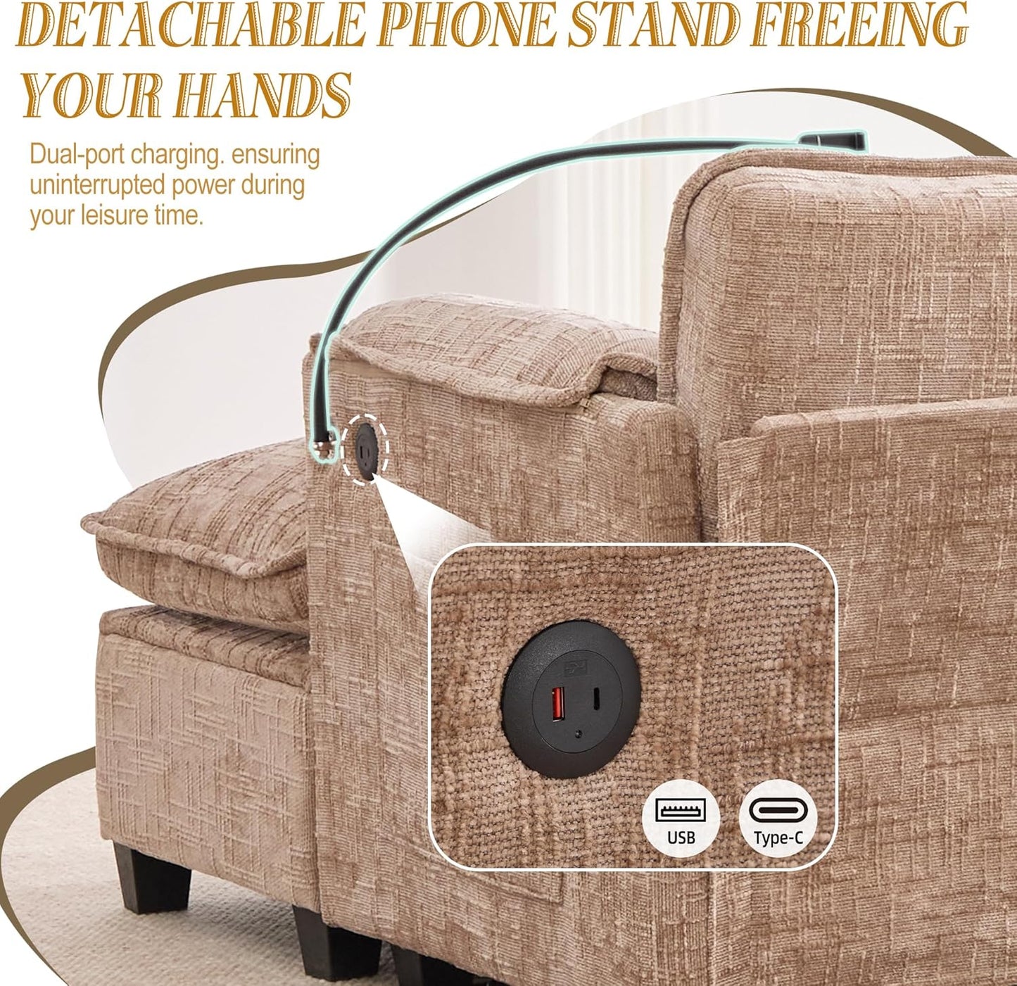 Ball & Cast Modular Sectional Sofa,L Shaped Couch with Movable Storage Ottoman,Chenille Upholstered Sofa W/USB Charging Port,Phone Holder and Side Pocket,for Living Room,Apartment,Khaki,109"