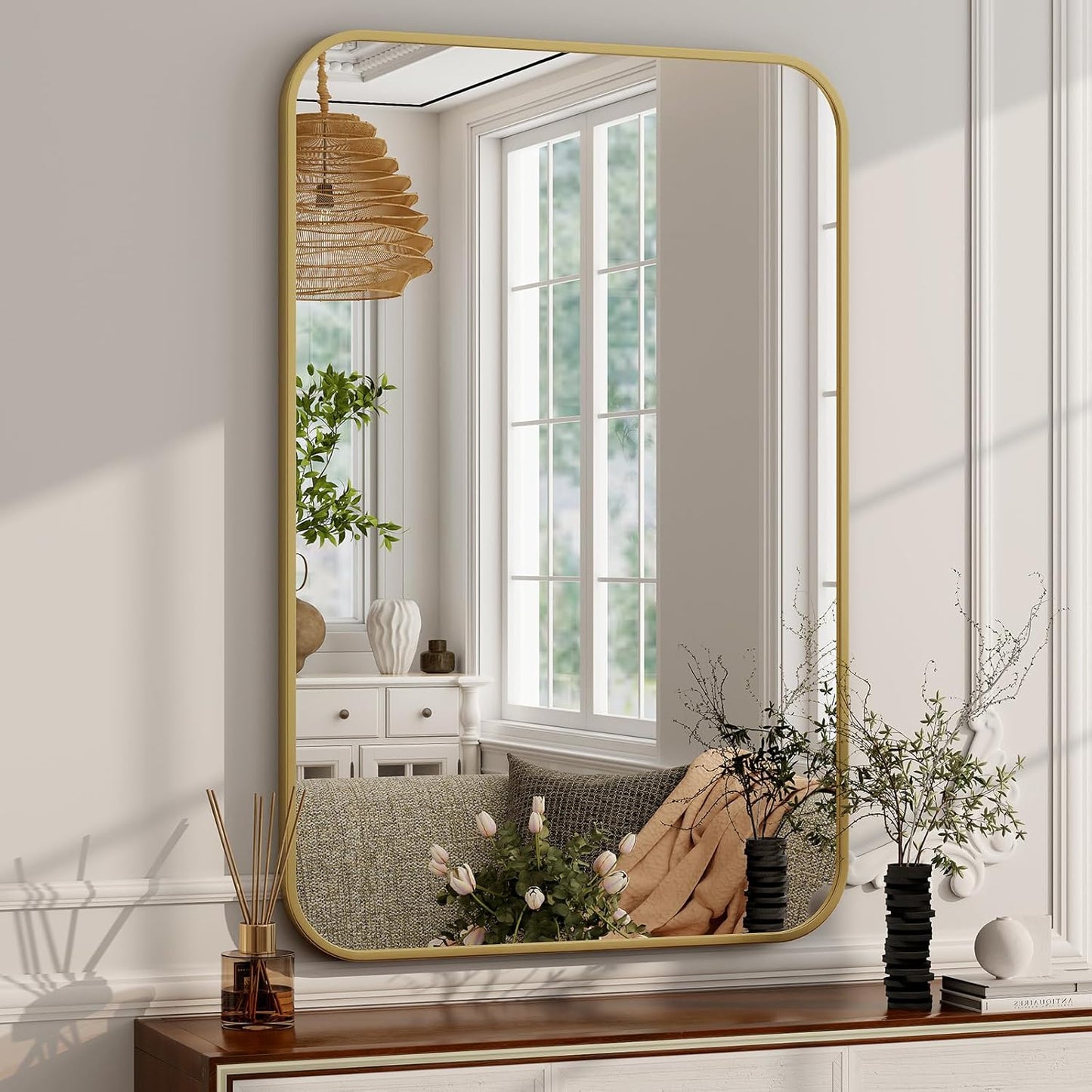 24 x 36 Inch Bathroom Mirror, Rounded Rectangular Vanity Mirror for Wall, Modern Mirror for Room Decor, Gold Framed Wall-Mounted Mirrors for Home Decor, Hangs Horizontally or Vertically