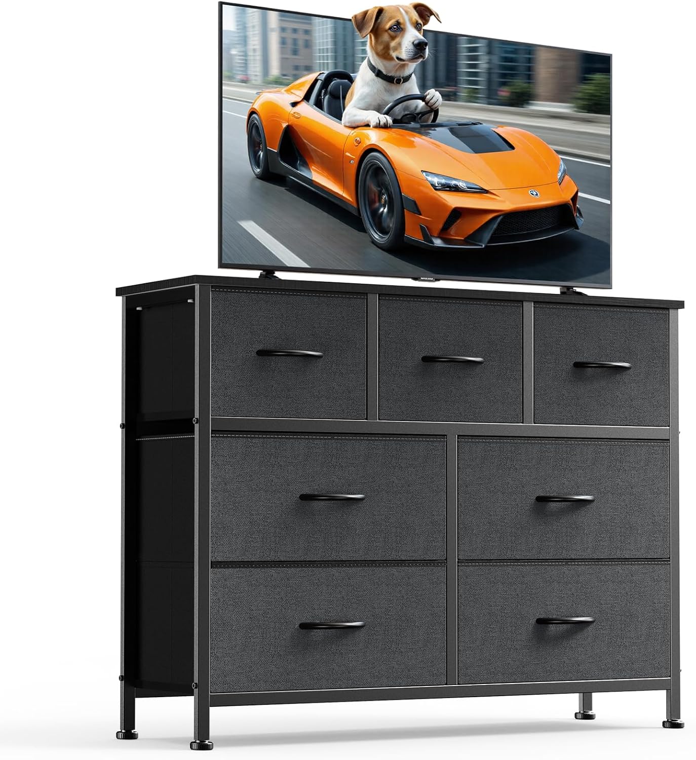 DUMOS TV Stand Dresser with 7 Fabric Drawers, Multifunctional Storage Organizer for Living Room Bedroom Closet, Entertainment Center Cabinet Chest Modern Furniture for Clothing,Charcoal Gray