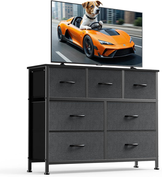 DUMOS TV Stand Dresser with 7 Fabric Drawers, Multifunctional Storage Organizer for Living Room Bedroom Closet, Entertainment Center Cabinet Chest Modern Furniture for Clothing,Charcoal Gray