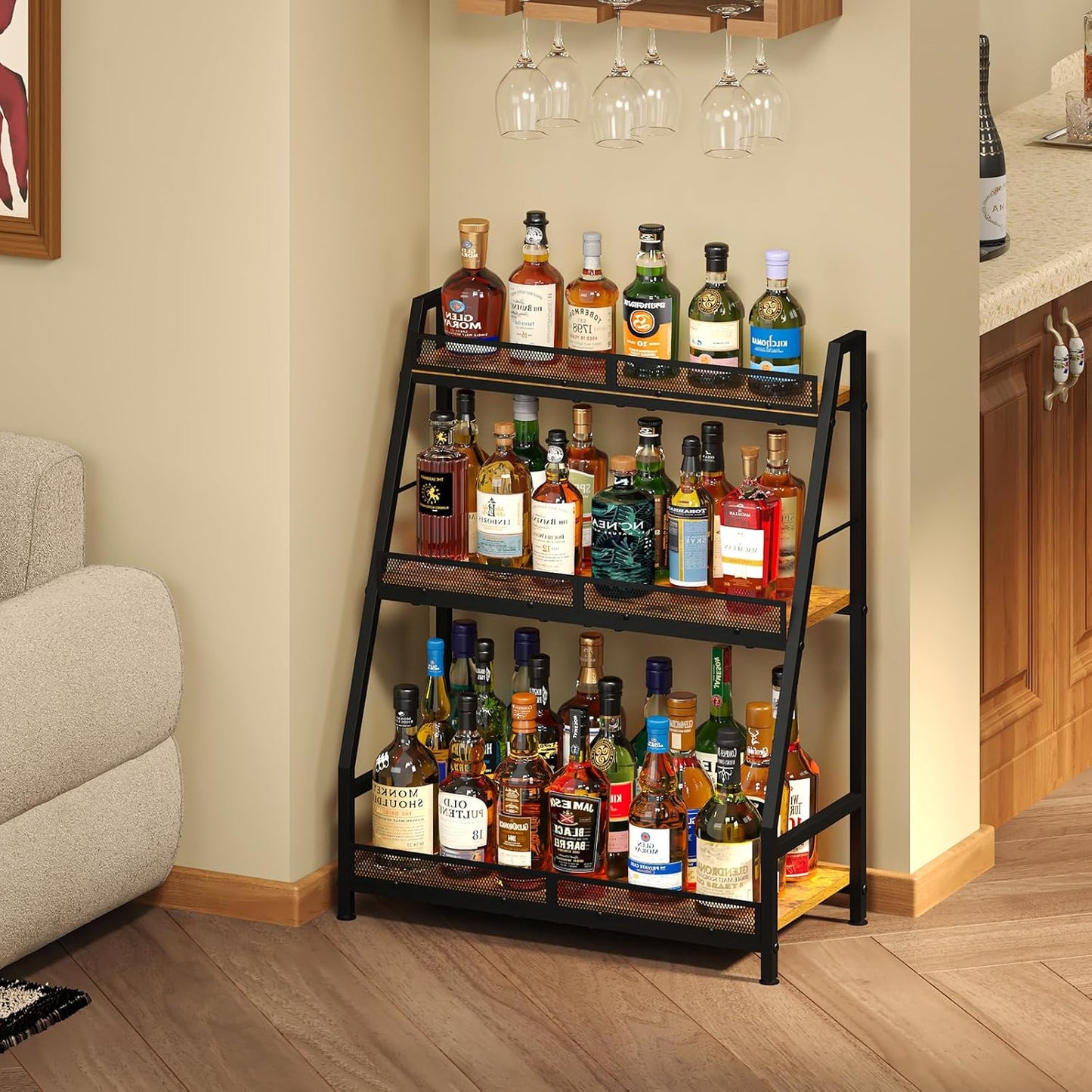 3-Tier Expanded Liquor Stand, Trapezoid Wine Rack Freestanding Floor, Large-Capacity Bar Stand for Liquor Whiskey Wine Storage, Vintage Liquor Cabinet Bar for Home(Patent Pending)