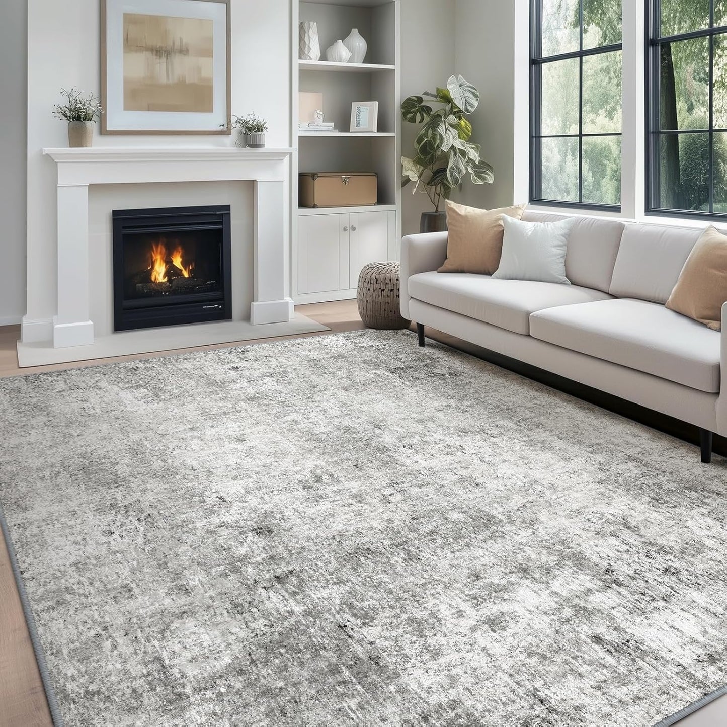 Washable Area Rugs 6'x9' Non-Slip Modern Abstract Soft for Living Room Entryway Bedroom Nursery, Print Pattern, Gray White Grey