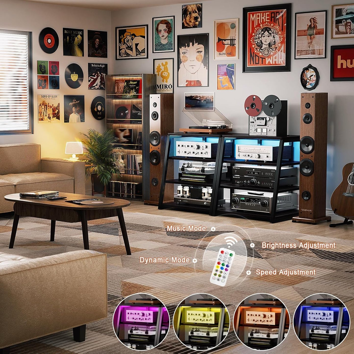 Armocity 4-Tier AV Media Stand with Power Strips, Stereo Stand with LED Lights, Rack Audio Tower with Adjustable Shelves, Small Entertainment Center, 30'', Black Ebony