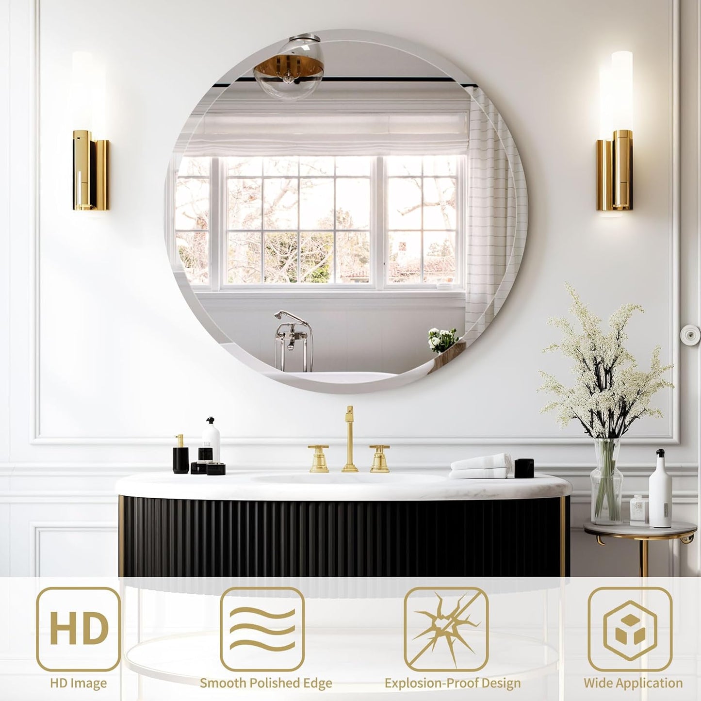 36" Frameless Beveled Round Mirror with 1" Edge for Bathroom, Entryways, Vanity, Wall Decor