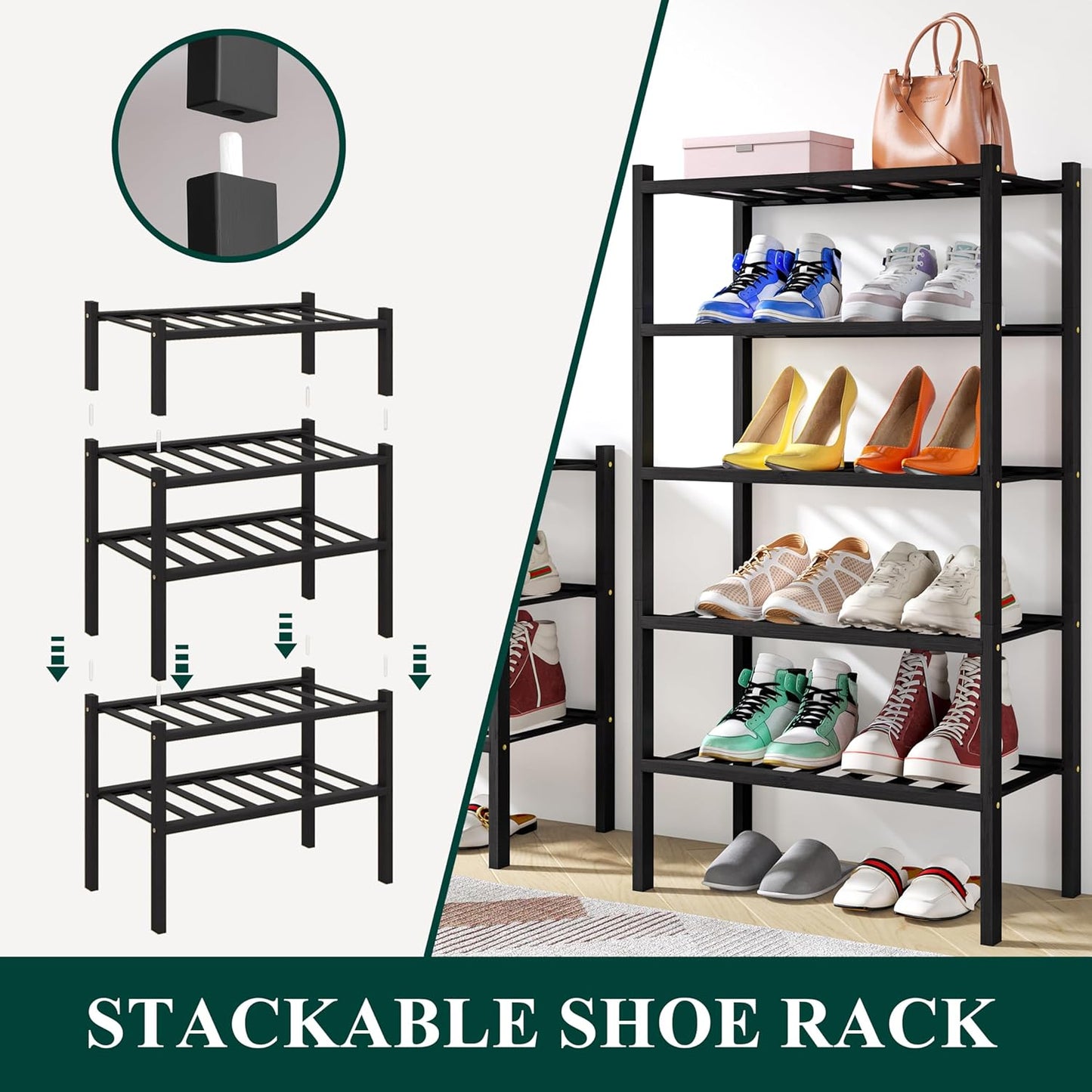 Smiry Shoe Rack, 4 Tier Small Bamboo Shoe Organizer, Stackable Free Standing Wooden Shoe Storage Shelf for Closet, Entryway, Front Door Entrance, Black