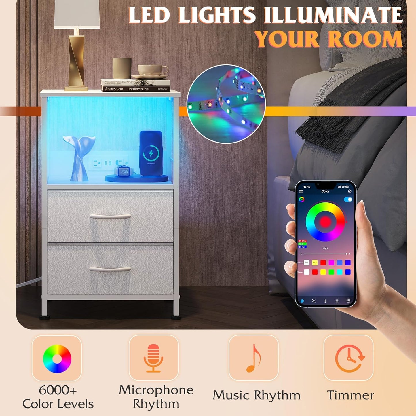 WLIVE White Night Stand Set of 2 with Charger Station, LED Nightstand with 2 Fabric Drawers and Storage Shelf, Bedside Tables with 3 USB Ports and 2 Outlets, Small Dresser for Bedroom,Small Space