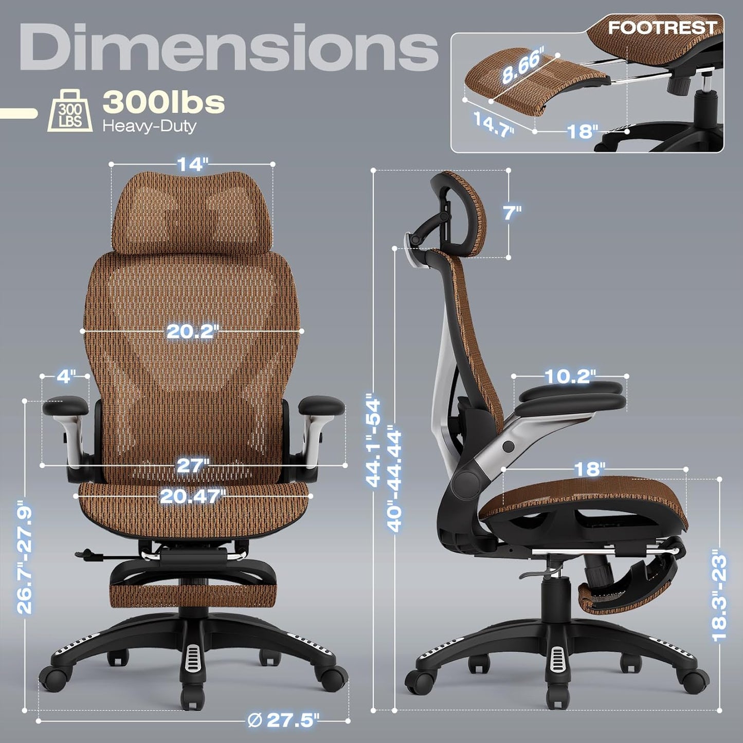 ELABEST X100 Ergonomic Office Chair with Footrest, Big and Tall Home Desk Chair with 5D Flip-Up Arms, Adjustable 3D Lumbar Support,High Back Rolling Computer Chair, Swivel Mesh Chairs
