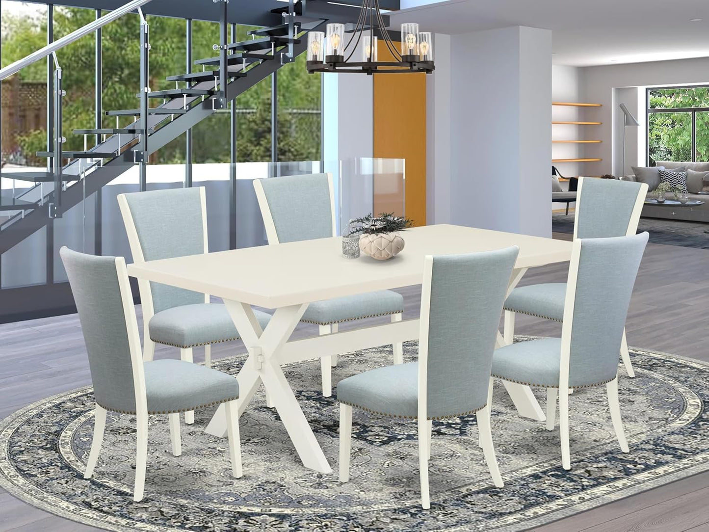 East West Furniture X027VE215-7 7 Piece Kitchen Table Set Consist of a Rectangle Dining Table with X-Legs and 6 Baby Blue Linen Fabric Parson Dining Chairs, 40x72 Inch, Multi-Color