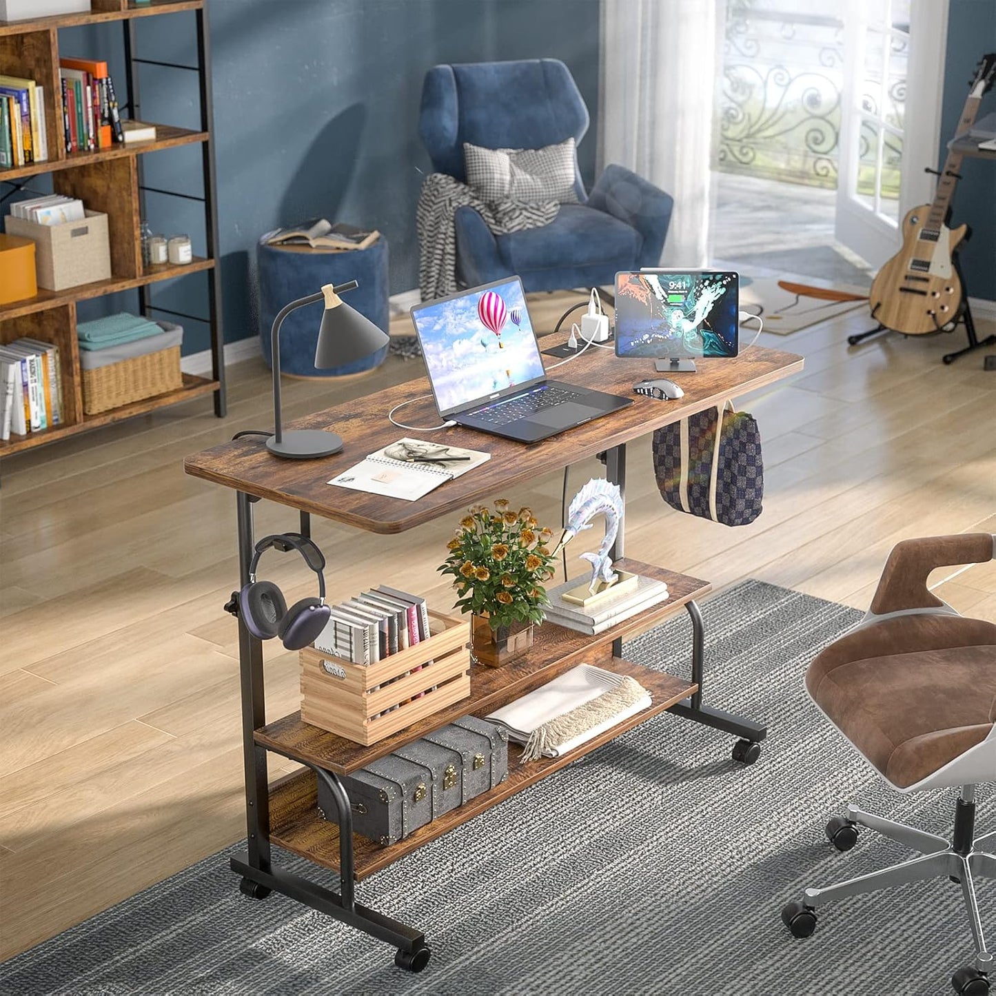 Armocity Height Adjustable Standing Desk with Power Outlets, 39" Manual Stand Up Desk with Storage Shelves Small Mobile Rolling Computer Desk Portable Laptop Table with Wheels for Home Office, Rustic