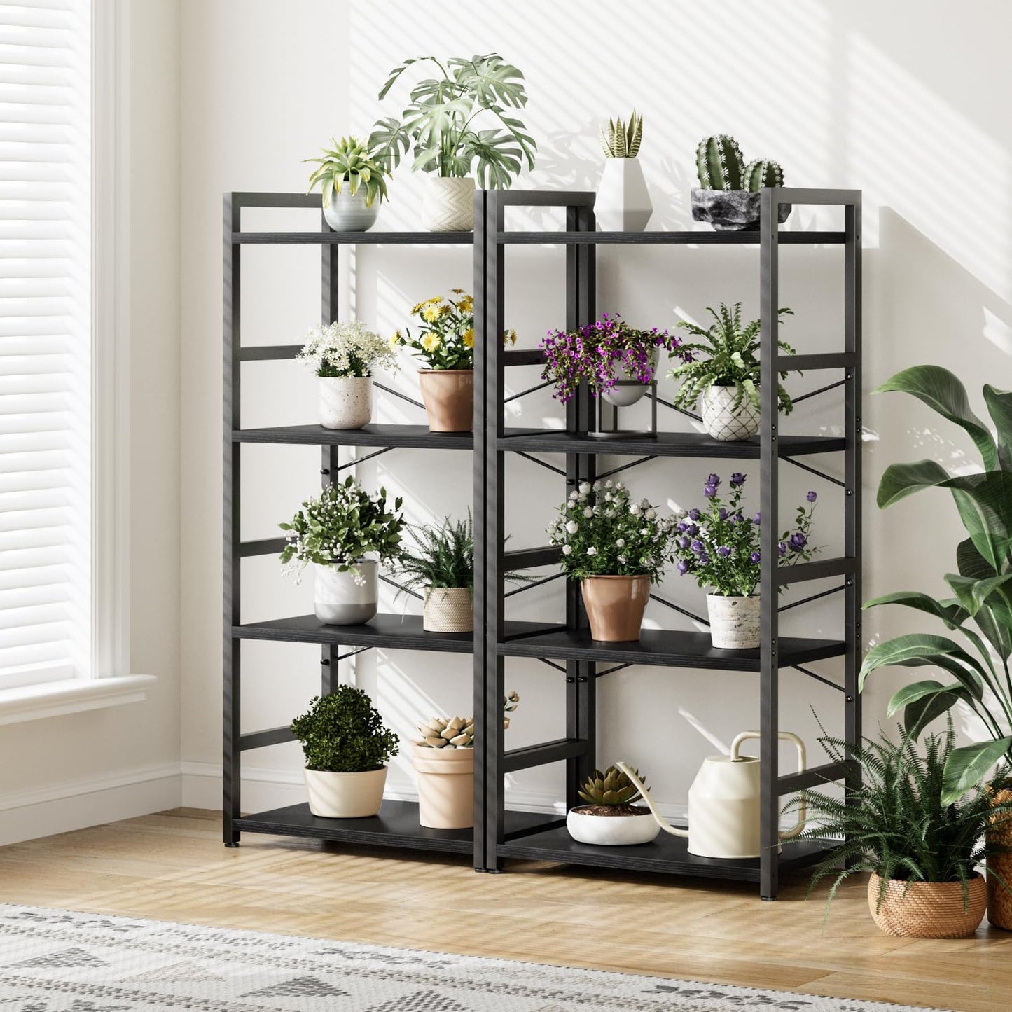 NUMENN 4 Tier Small Bookshelf, Industrial Bookcase Shelf Storage Organizer, Modern Book Shelf for Bedroom, Living Room and Home Office, Black