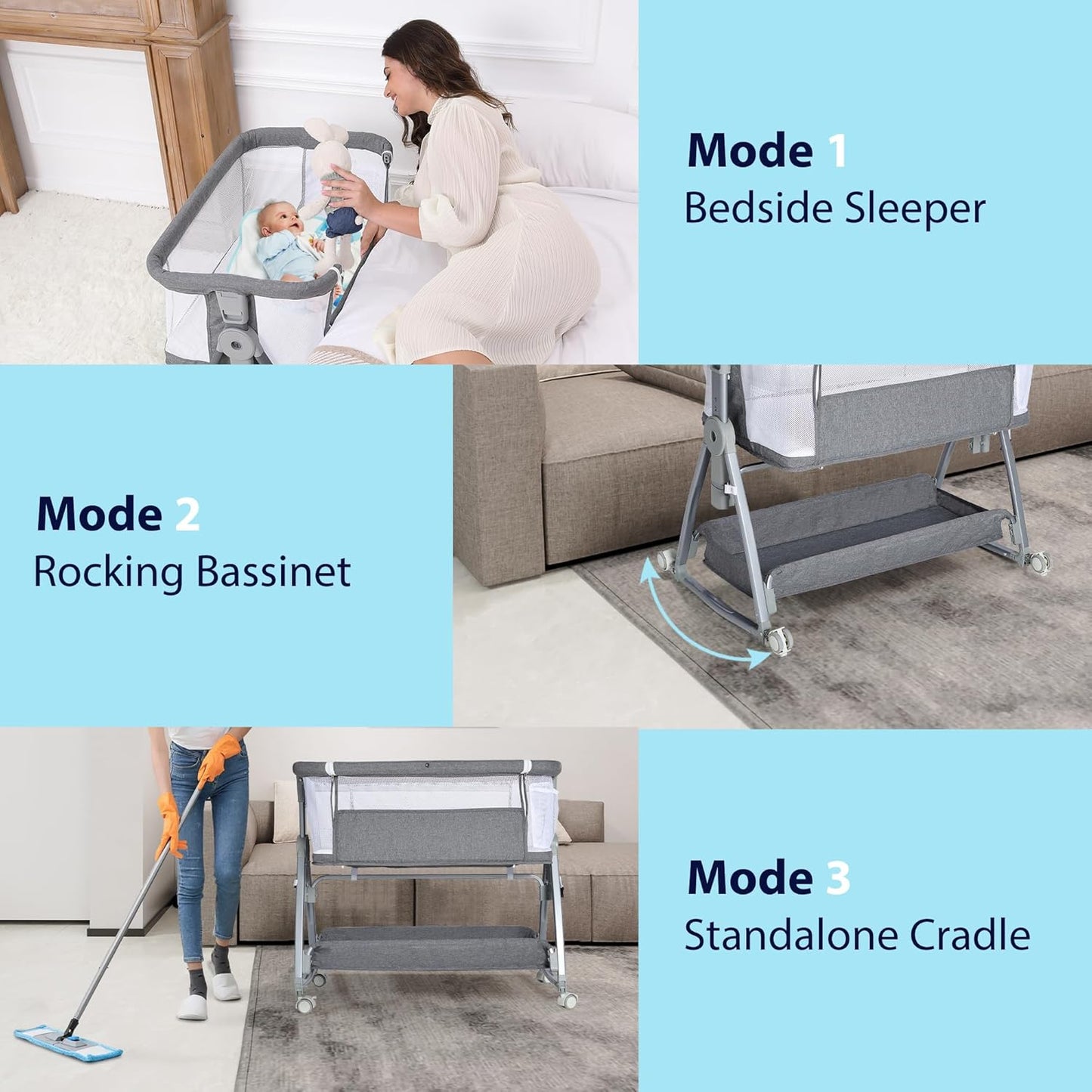 3 in 1 Baby Bassinet Bedside Sleeper with Mattress and Wheels, 5 Height Adjustable Bed Side Bassinets for Newborn, Gray Rocking Bassinet for Baby