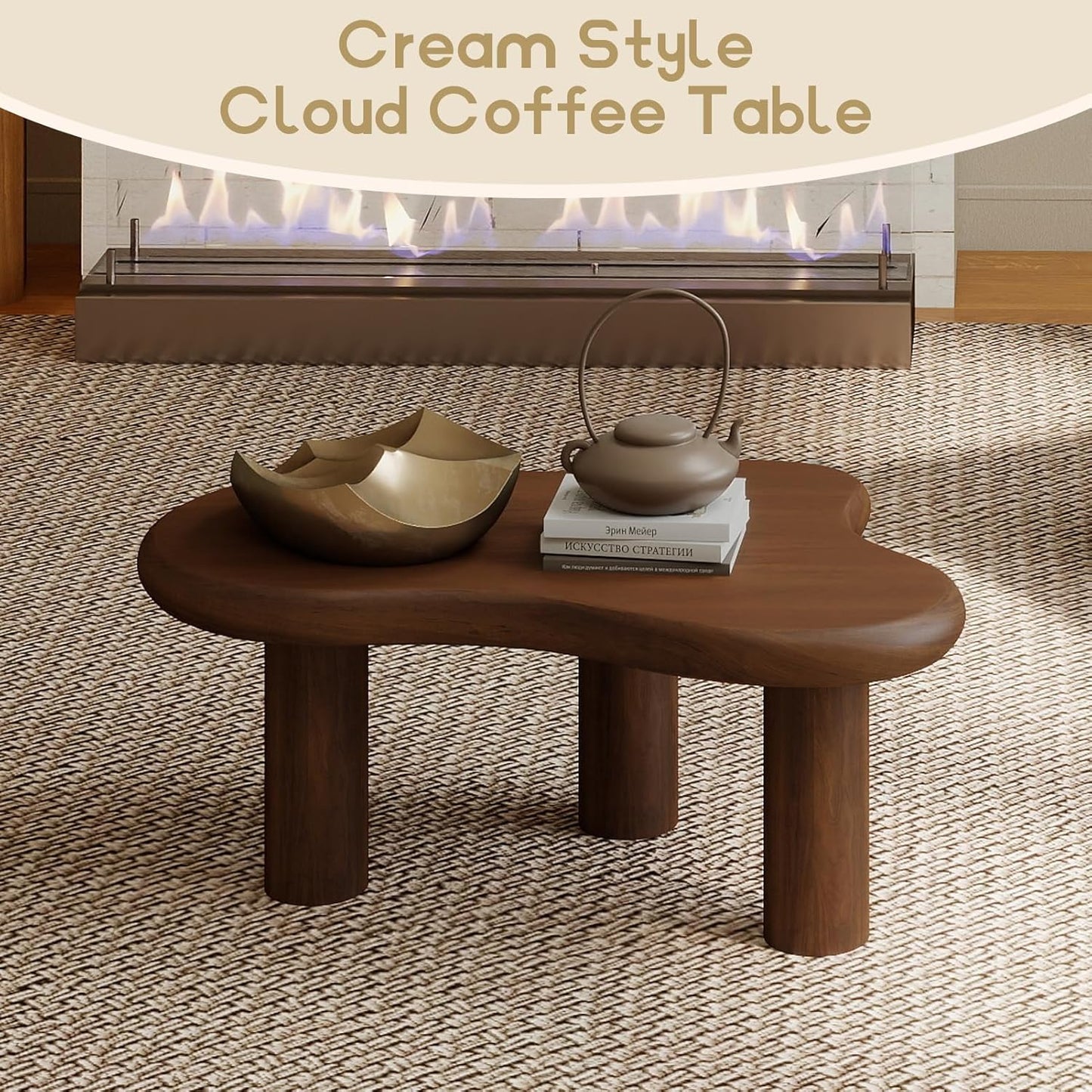 HollyHOME Cloud Coffee Table, Unique Design Accent Table for Living Room and Bedroom, Stylish and Functional Furniture Piece-Durable and Easy to Clean, Free Shape with 3 Legs, 33.9in, Dark Walnut