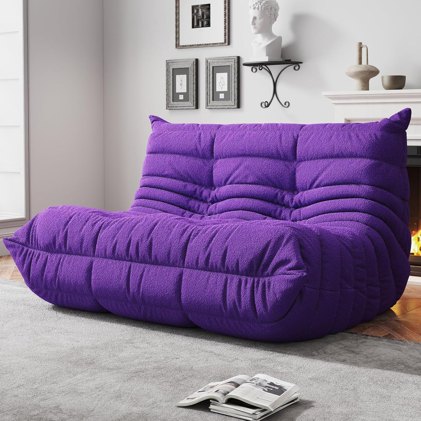 Bean Bag Chairs for Adults, Memory Foam Couch Loveseat Sofa Chair, Soft Teddy Material Cozy Comfy Reading Nook Chairs, Floor Chair for Living Room Bedroom Office(Purple)