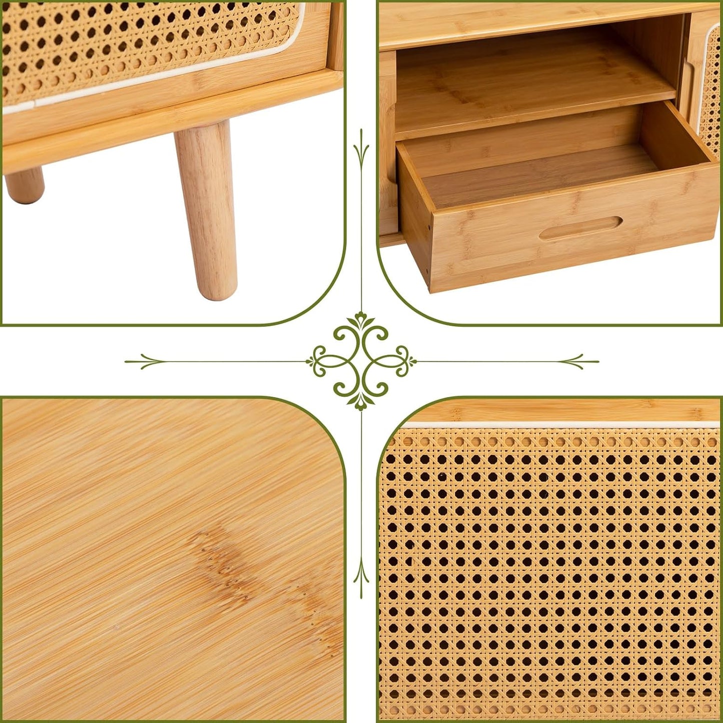 HollyHOME Bamboo TV Stand with Storage for TVs up to 65", Modern Entertainment Center with Rattan and Drawer, Accent TV Table with 2 Shelf, Media Console Cabinet for Living Room, Bedroom, Burlywood