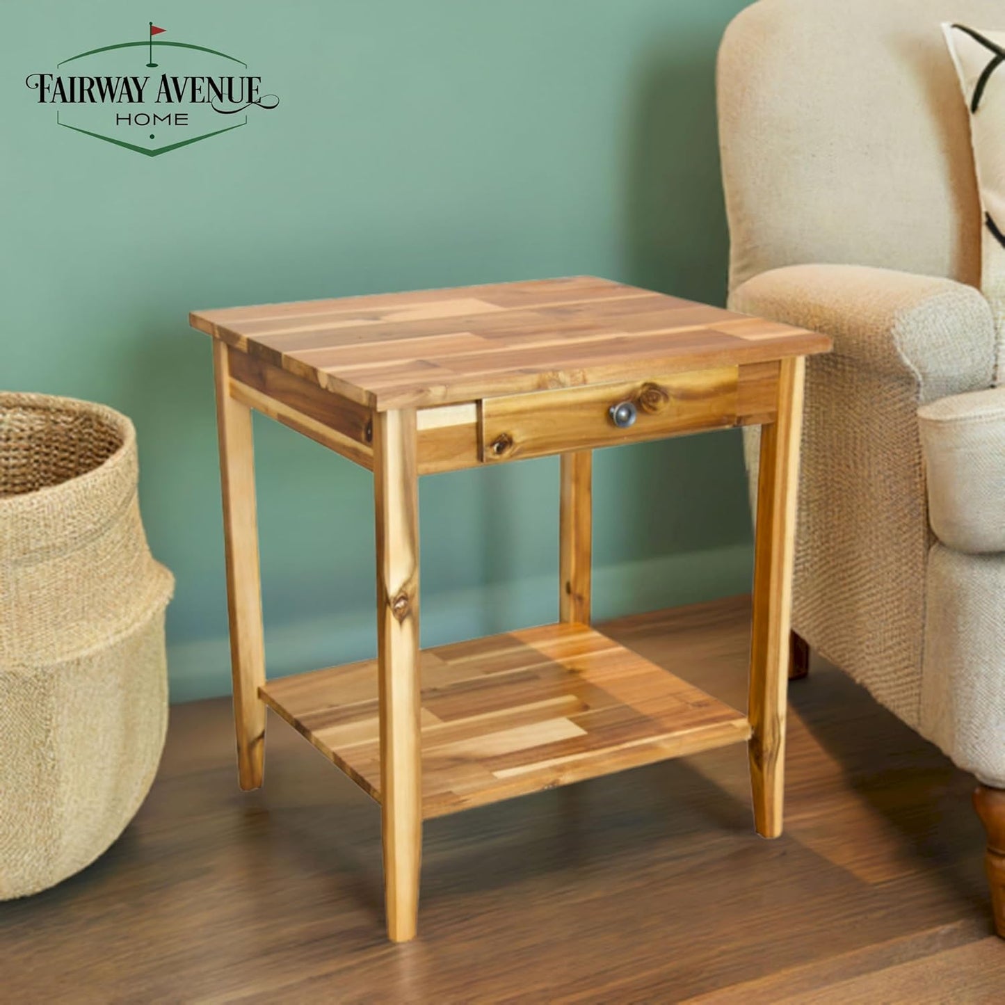 2-Tier Solid Acacia End Table w/Drawer