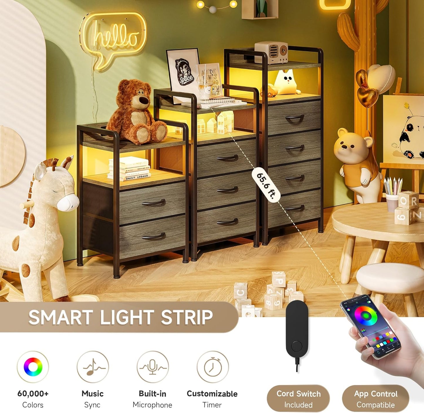 Night Stand with Charger Station - Grey Nightstand with LED Light Strip, Morden Bedside Table with USB Ports & AC Outlets, End Table with Storage Shelf & 3 Fabric Drawers