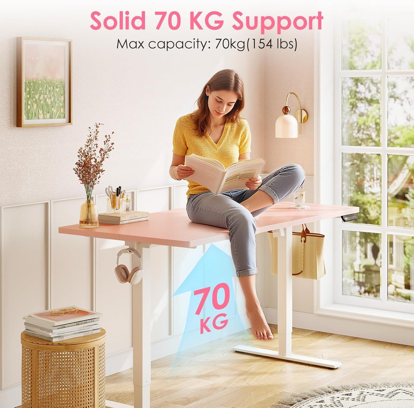OffiGo Electric Height Adjustable Standing Desk, 48 Inch Pink Computer Desk for Women Girls, Sit Stand Table for Home, Office, Bedroom