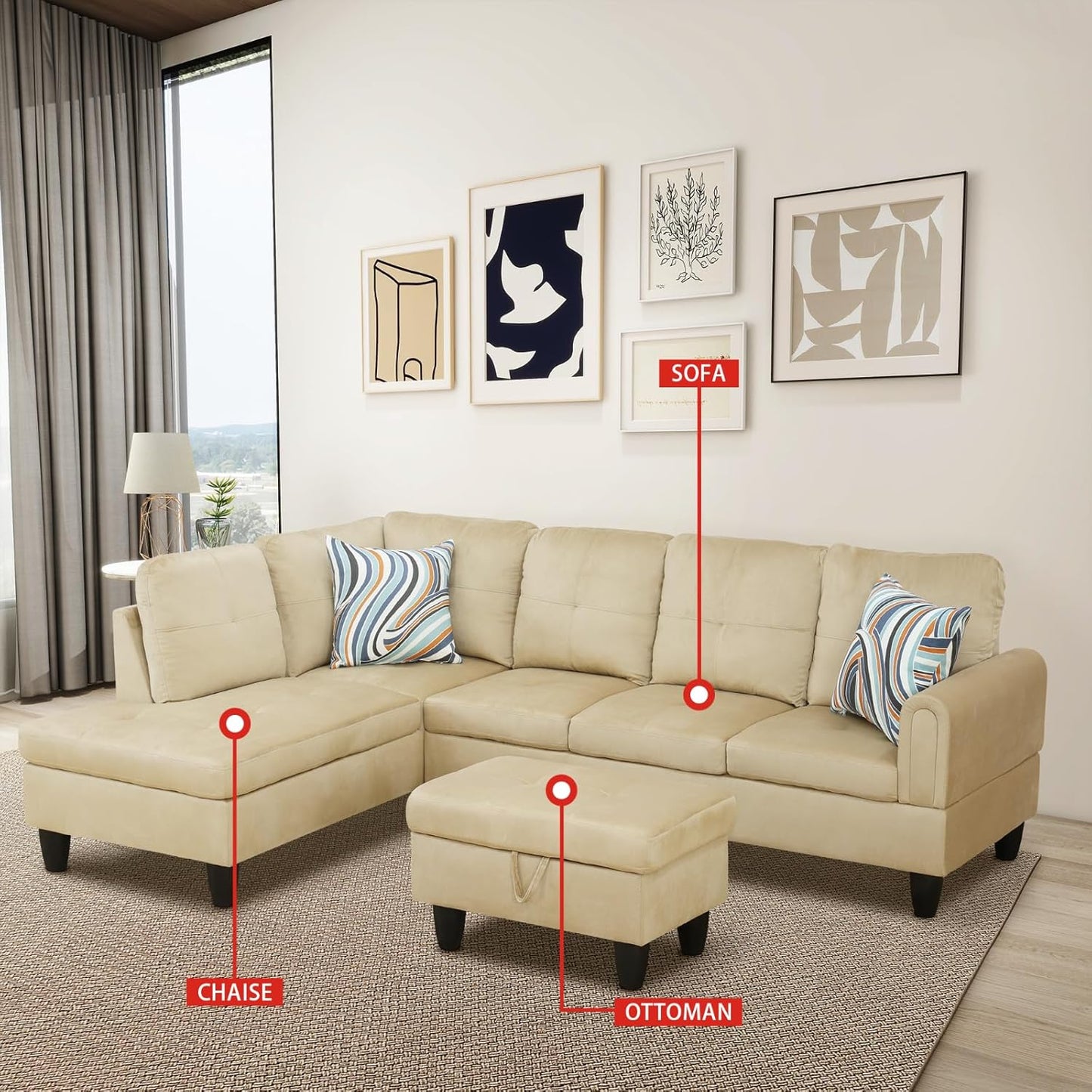 Beige L-Shaped 3-Piece Flannel Sofa with Storage Ottoman Set, Sectional Couch Sofa Set for Living Room, Office, Small Space