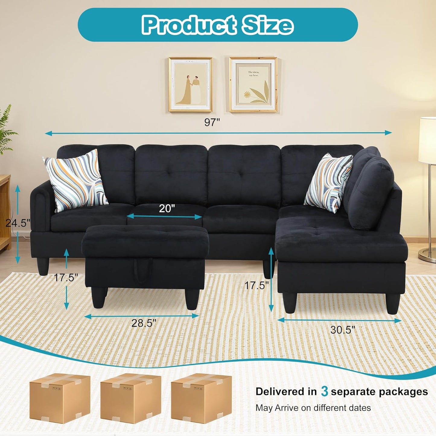 Couches for Living Room Modern L Shaped Couch Comfy Flannel Fabric 3 Pieces Sectional Sofa with Chaise, Ottoman with Storage for Office and Small Apartment, Black