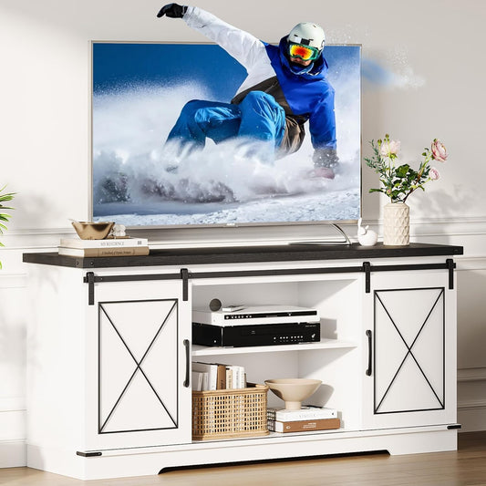 GarveeHome Farmhouse TV Stand for TV up to 65 Inches and Entertainment Center with Sliding Barn Doors and Adjustable Shelf, Tv Media Console Table with Storage Cabinet for Living Room, Bedroom, White