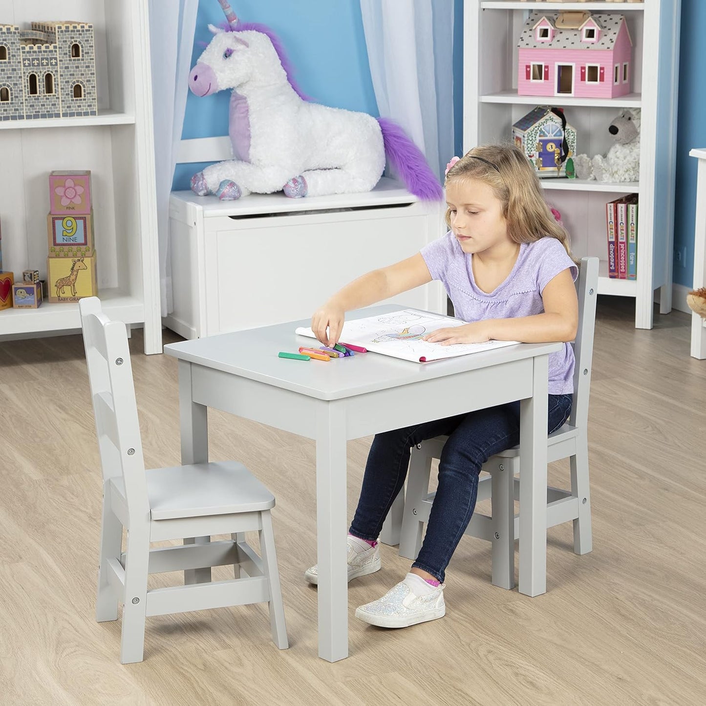 Melissa & Doug Wooden Table & Chairs-Gray Kids Furniture , Grey