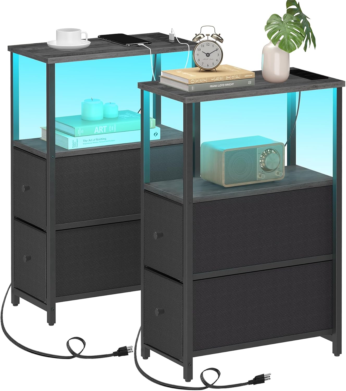 TUTOTAK Small Narrow LED End Table with Charging Station, Side Table Outlets, Nightstand with 2 Cloth Drawers, Set of 2, Couch Table, for Living Room, Bedroom, Bedside, Charcoal Grey TB01BY056