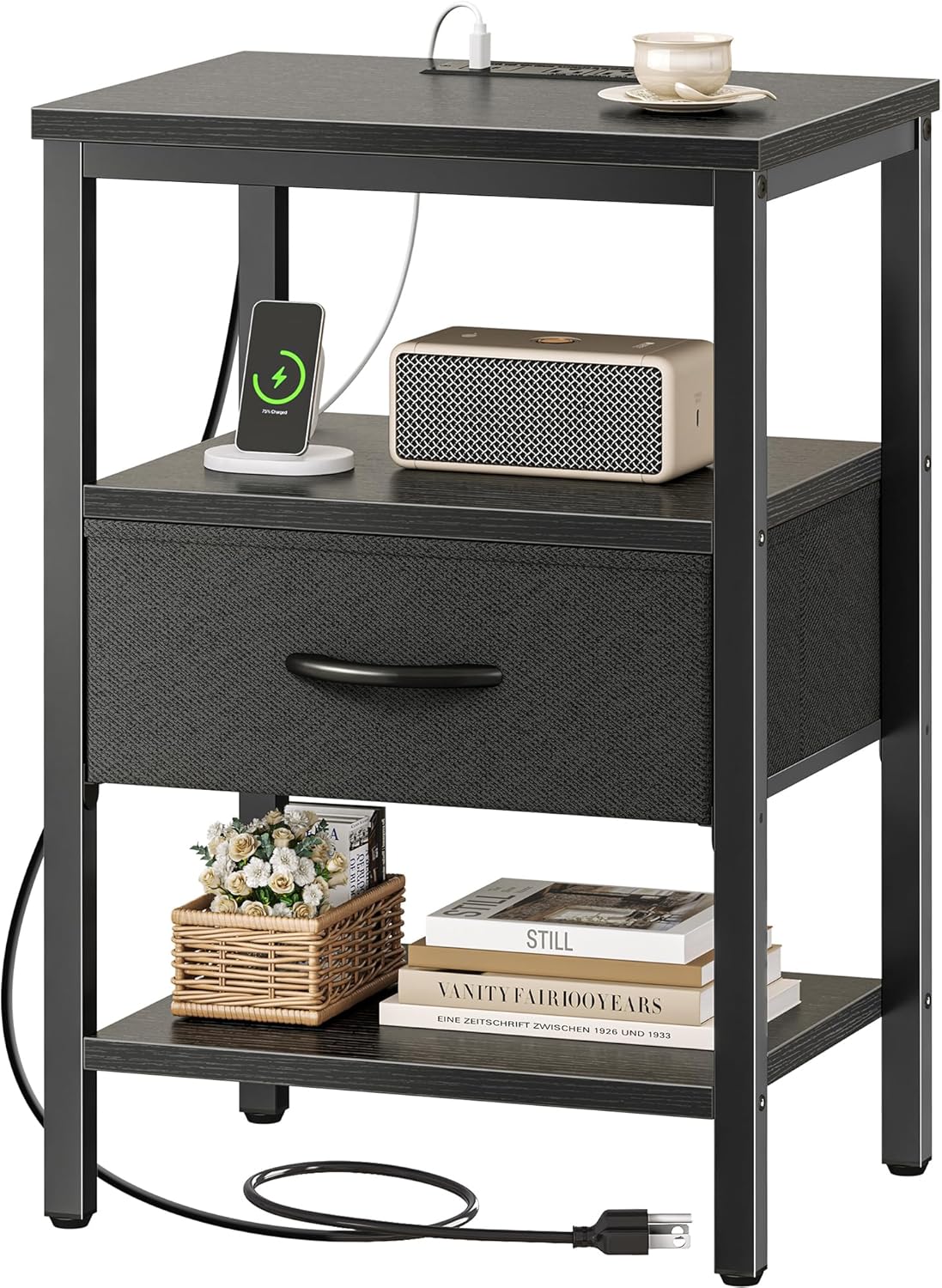 SUPERJARE Nightstand with Charging Station, Bed Side Table with Adjustable Fabric Drawer, Night Stand for Bedroom, 3-Tier Storage End Table, for Living Room, Black