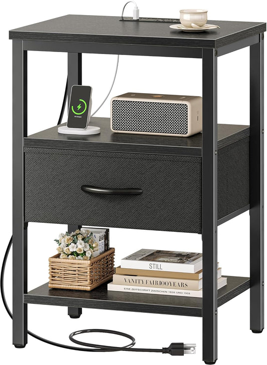 SUPERJARE Nightstand with Charging Station, Bed Side Table with Adjustable Fabric Drawer, Night Stand for Bedroom, 3-Tier Storage End Table, for Living Room, Black