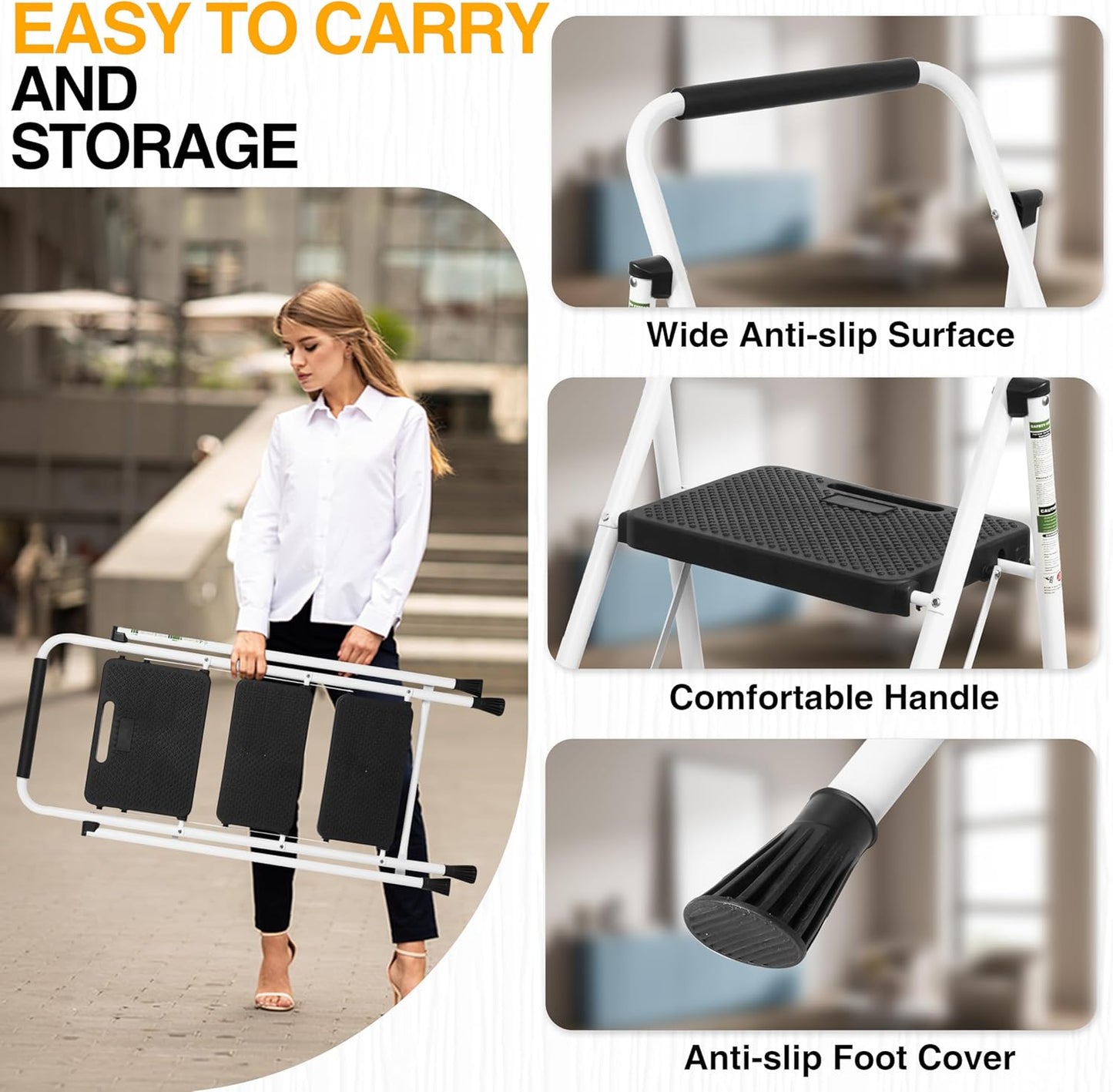 3 Step Ladder, Portable Steel Folding Step Stool with Wide Anti-Slip Pedal & Convenient Handgrip, 500lbs Sturdy Steel Ladder, White