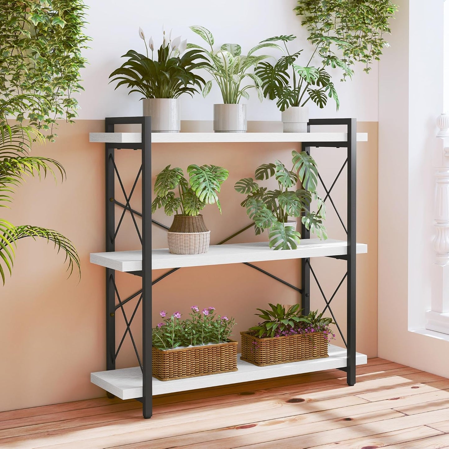 HCHQHS Bookshelf, 3-Tier Industrial Bookcase, Open Book Shelf, Freestanding Horizontal Bookshelves with Metal Frame